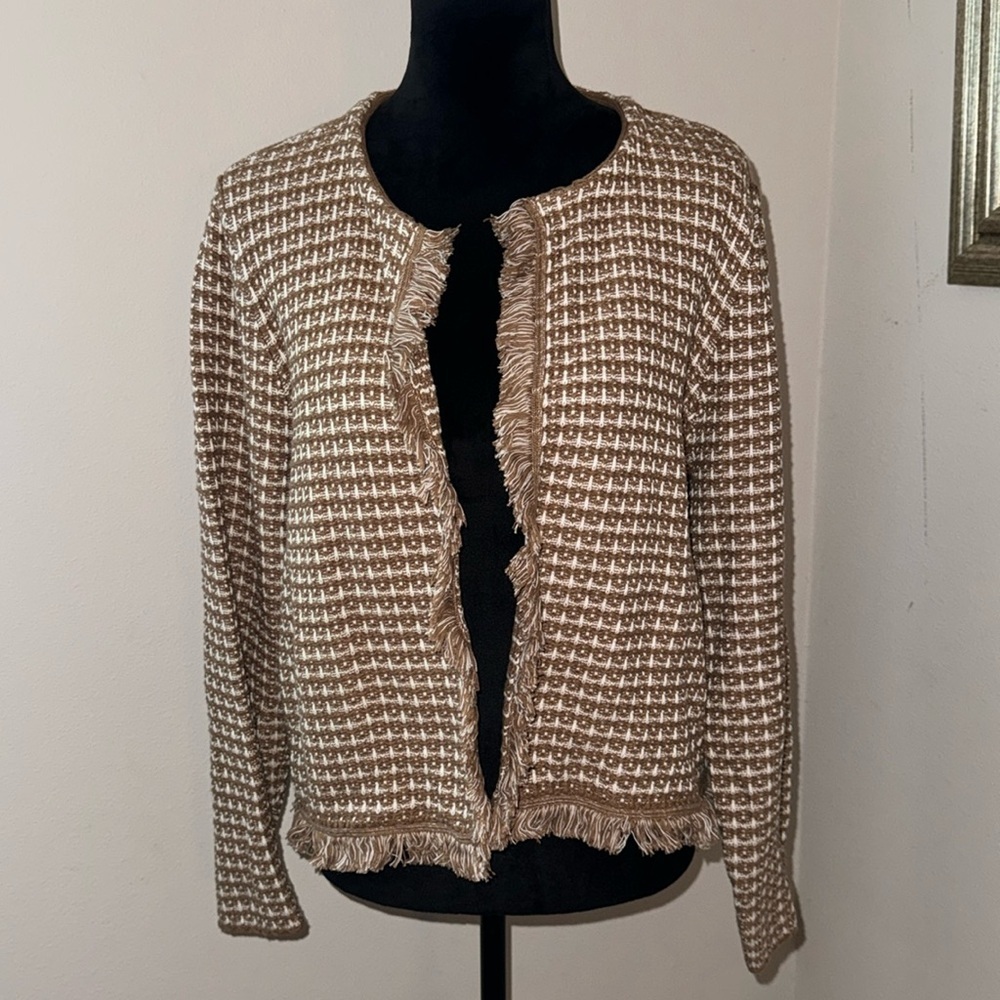 Ann Taylor tan ivory‎ fringe tweed open front cropped knit blazer top jacket XL
